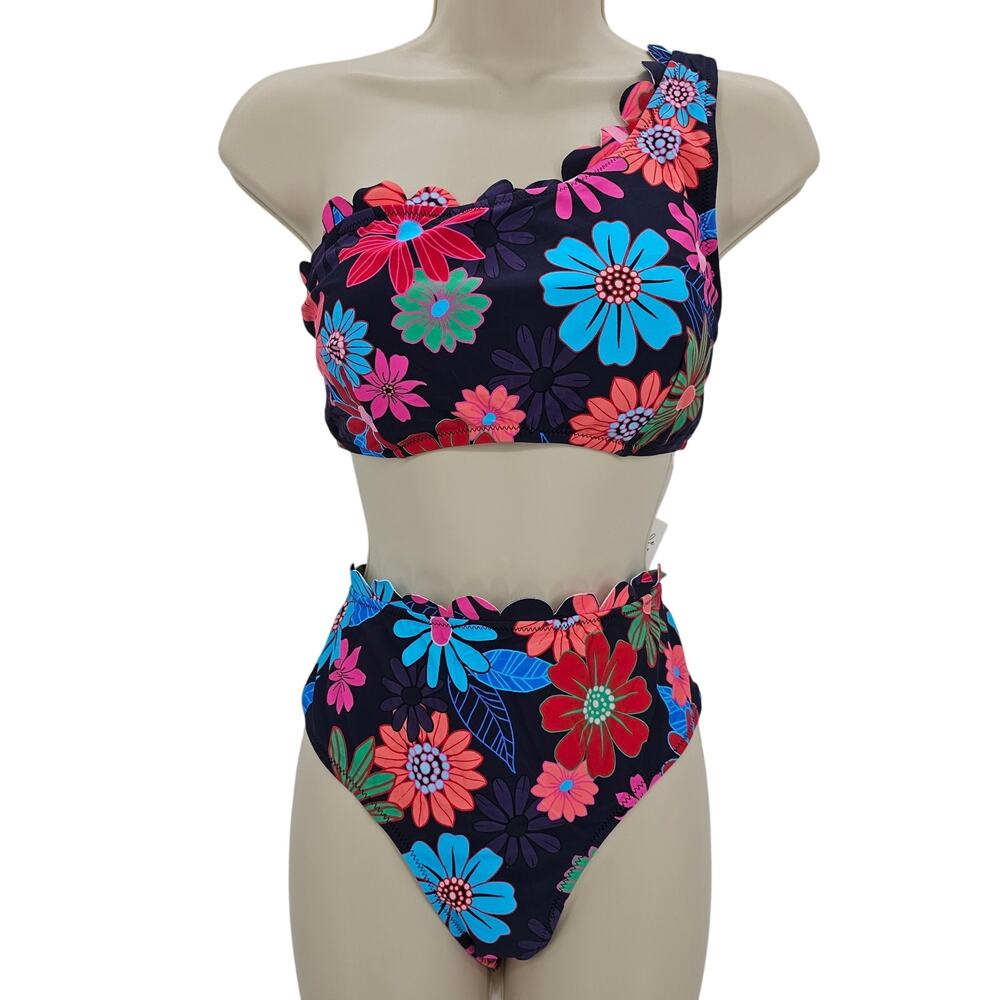 Cupshe Womans size L Retro Floral Scalloped Trim One Shoulder Bikini Black NEW